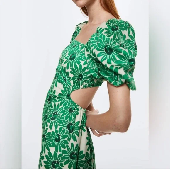 Mango | Dresses | Mango Green Flower Dress With Open Back And Puff Sleeves  | Poshmark